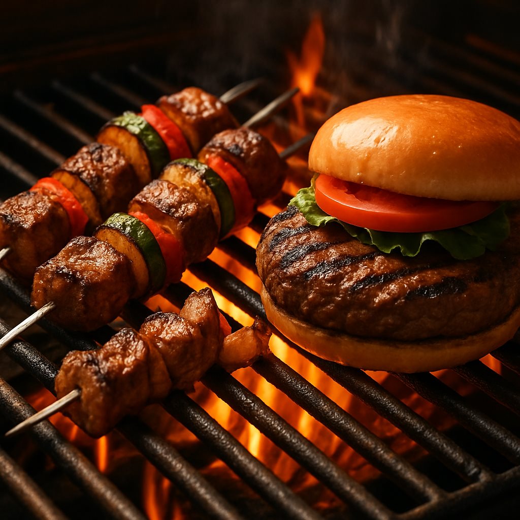שיפודי קבב והמבורגר צלויים על הגריל